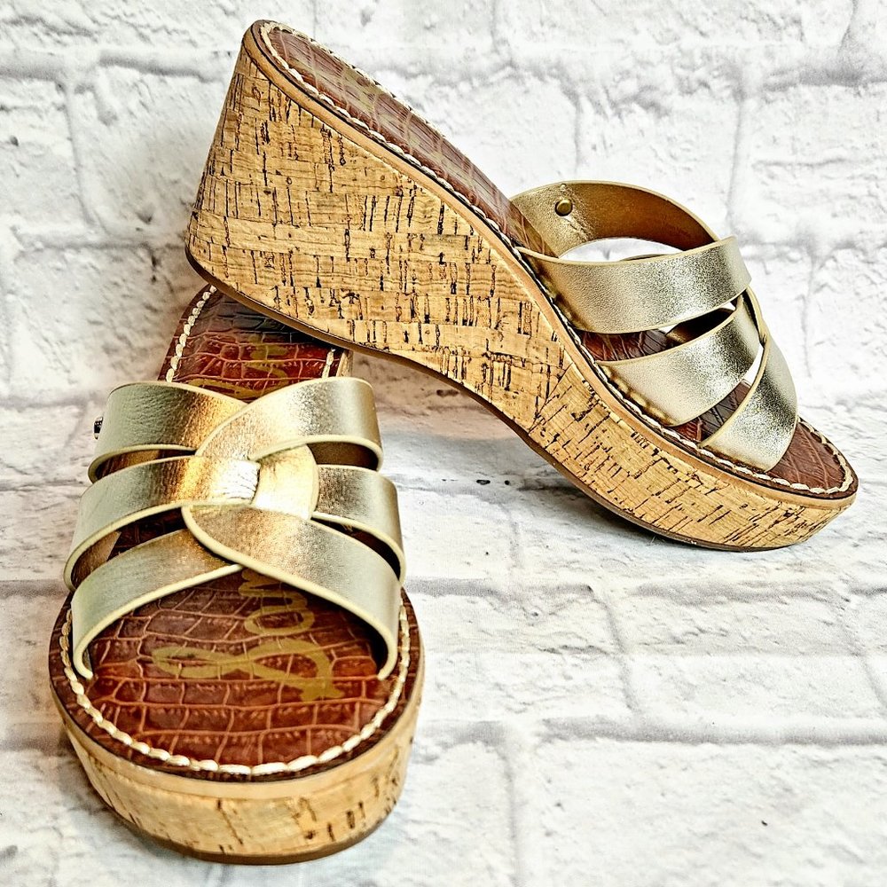 SAM EDELMAN Raynere Platform Wedge Slip-On Gold Sandals